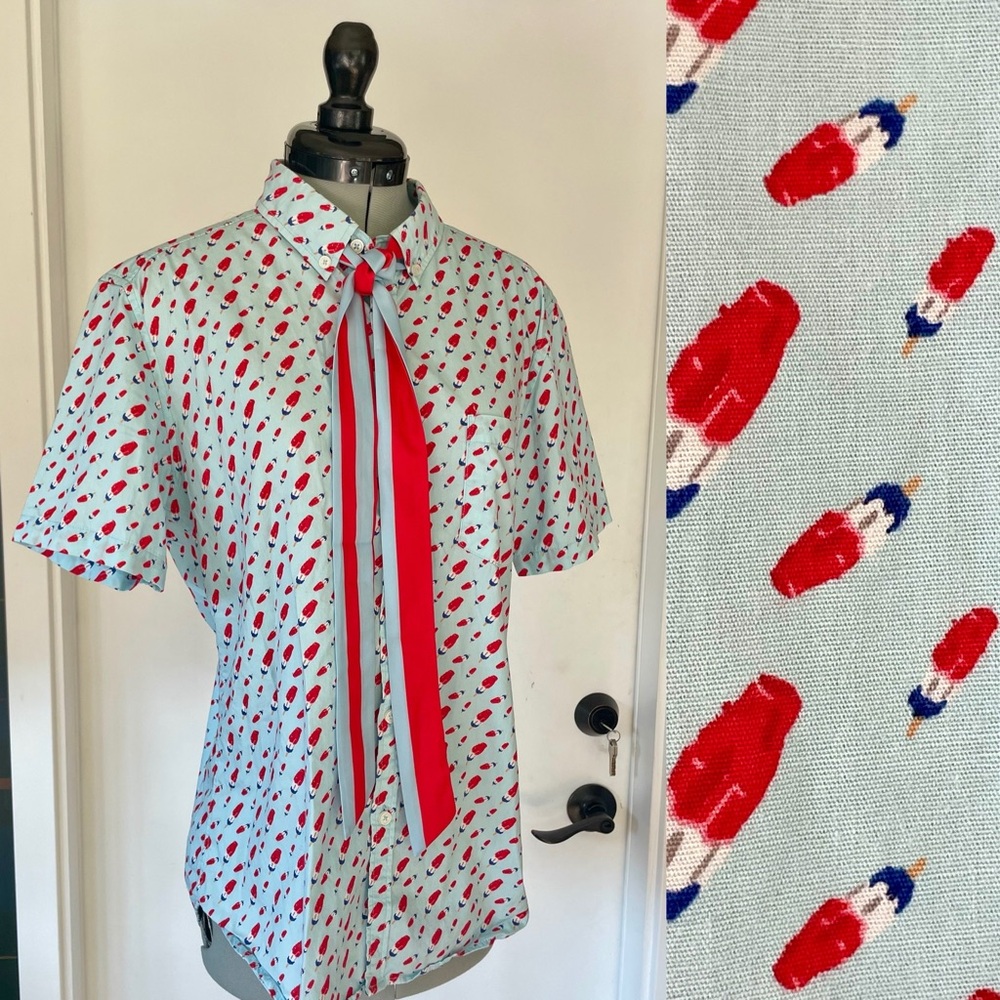 Public Art cotton button down w/rocketpop pattern, silk tie, lt blue/red, M, EUC